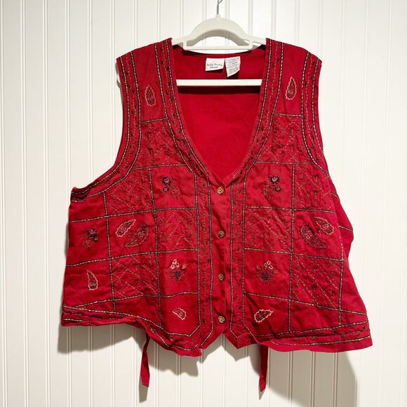 Vintage Bobbie Brooks Red Embroidered Vest Paisley Floral Plus Size 26/28 - Picture 1 of 5